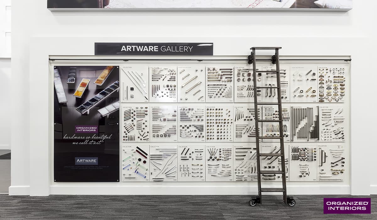 decorative hardware gallery wall in Organized Interiors showroom