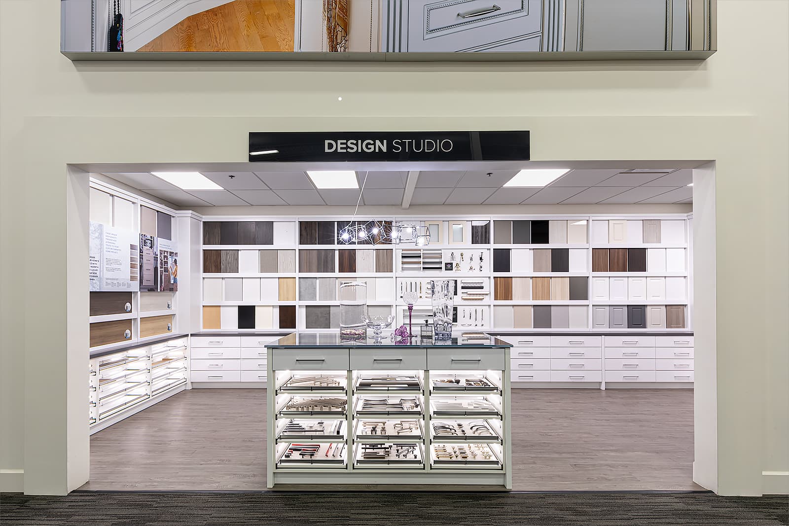 Organized Interiors design studio with hundreds of cabinetry finishes